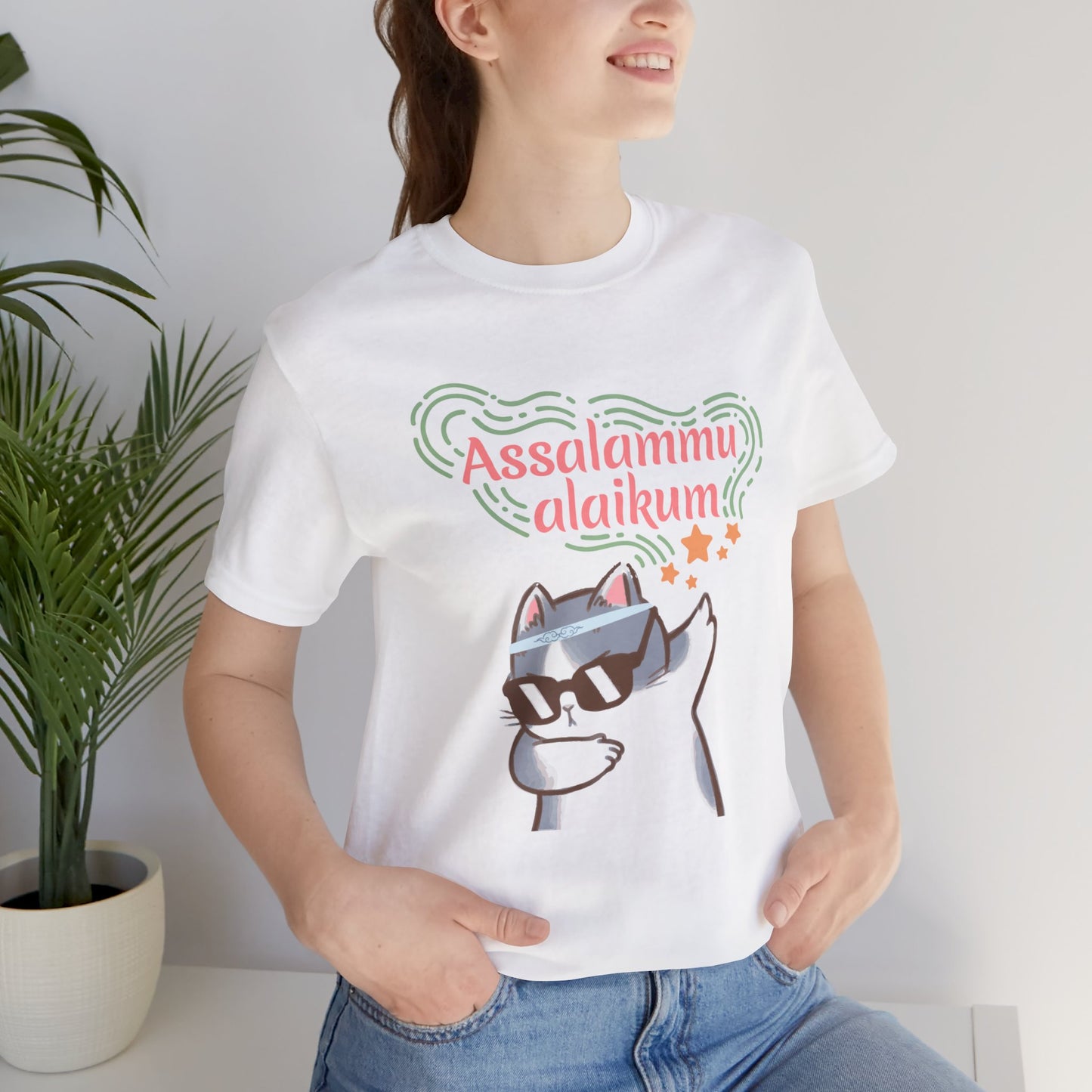 Assalamualaikum Typographic Tee T-Shirt - Cat Sunglasses Graphic Cozy Soft Cotton Unisex Tee