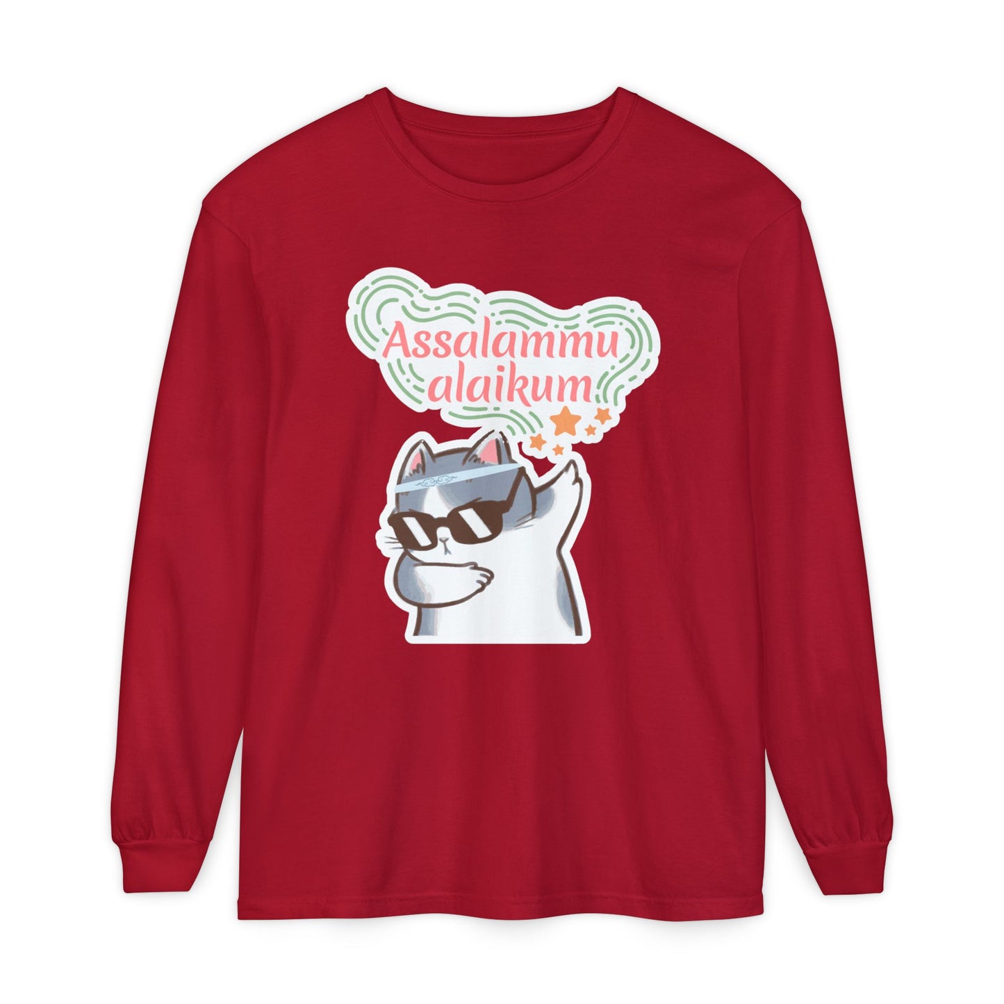 Assalamualaikum Typographic Long Sleeve Tee T-Shirt - Cat Sunglasses Graphic Cozy Soft Cotton Unisex Long Sleeve Tee