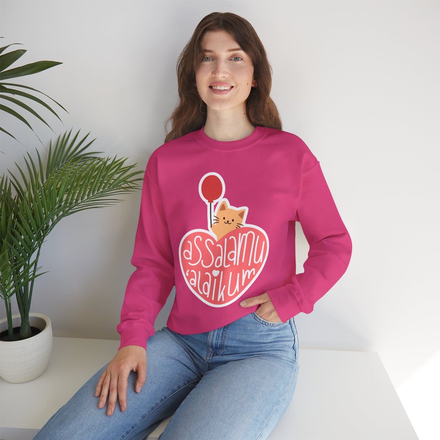 Assalamualaikum Typographic Sweatshirt - Cute Cat Heart Balloon Graphic Cozy Soft Cotton Unisex Sweatshirt