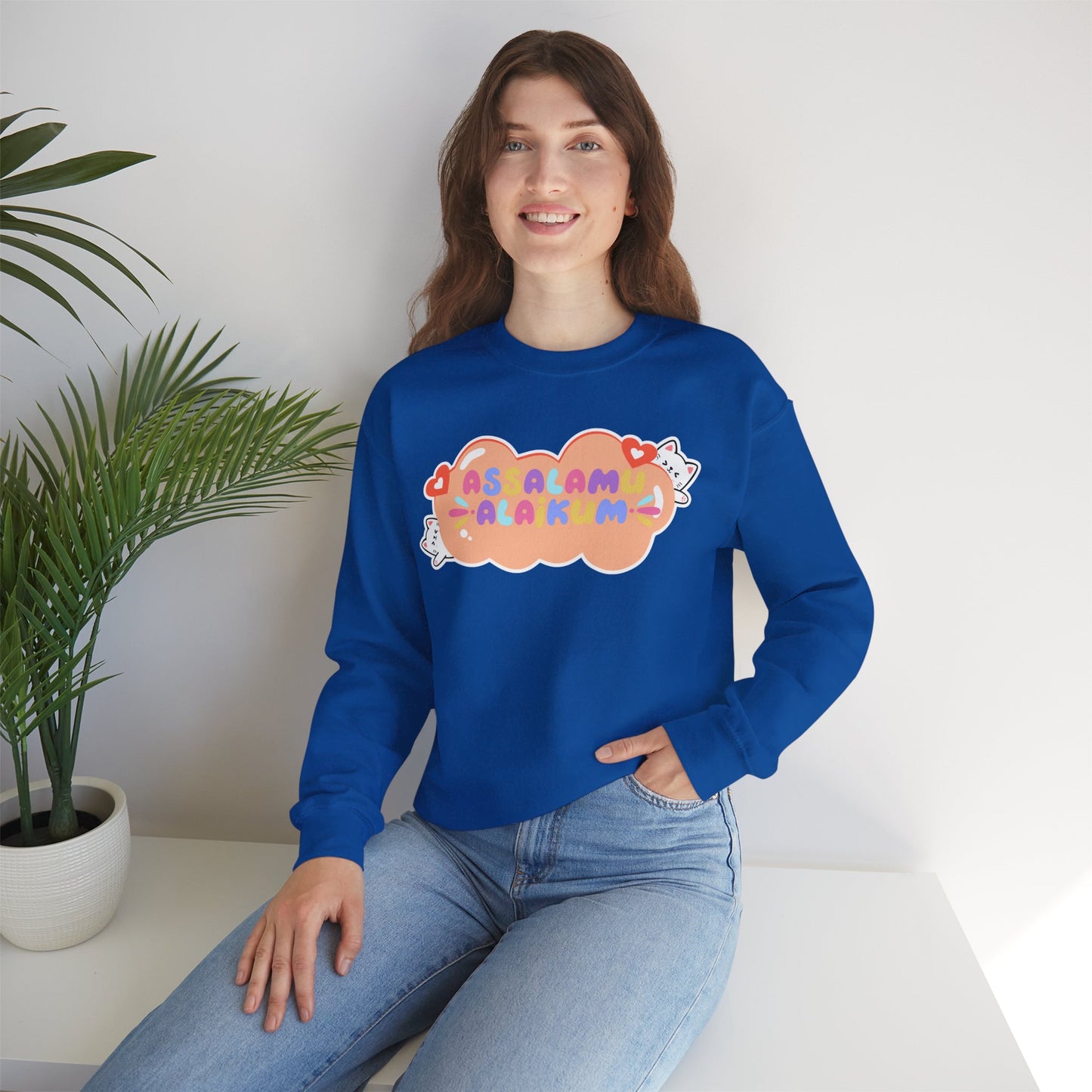 Assalamualaikum Typographic Sweatshirt - Cute Cat Lover Graphic Cozy Soft Cotton Unisex Sweatshirt