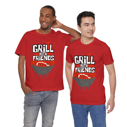 Grill with Friends Typographic Tee T-Shirt - Cozy Soft Cotton Unisex Sausage Graphic Tee T-Shirt