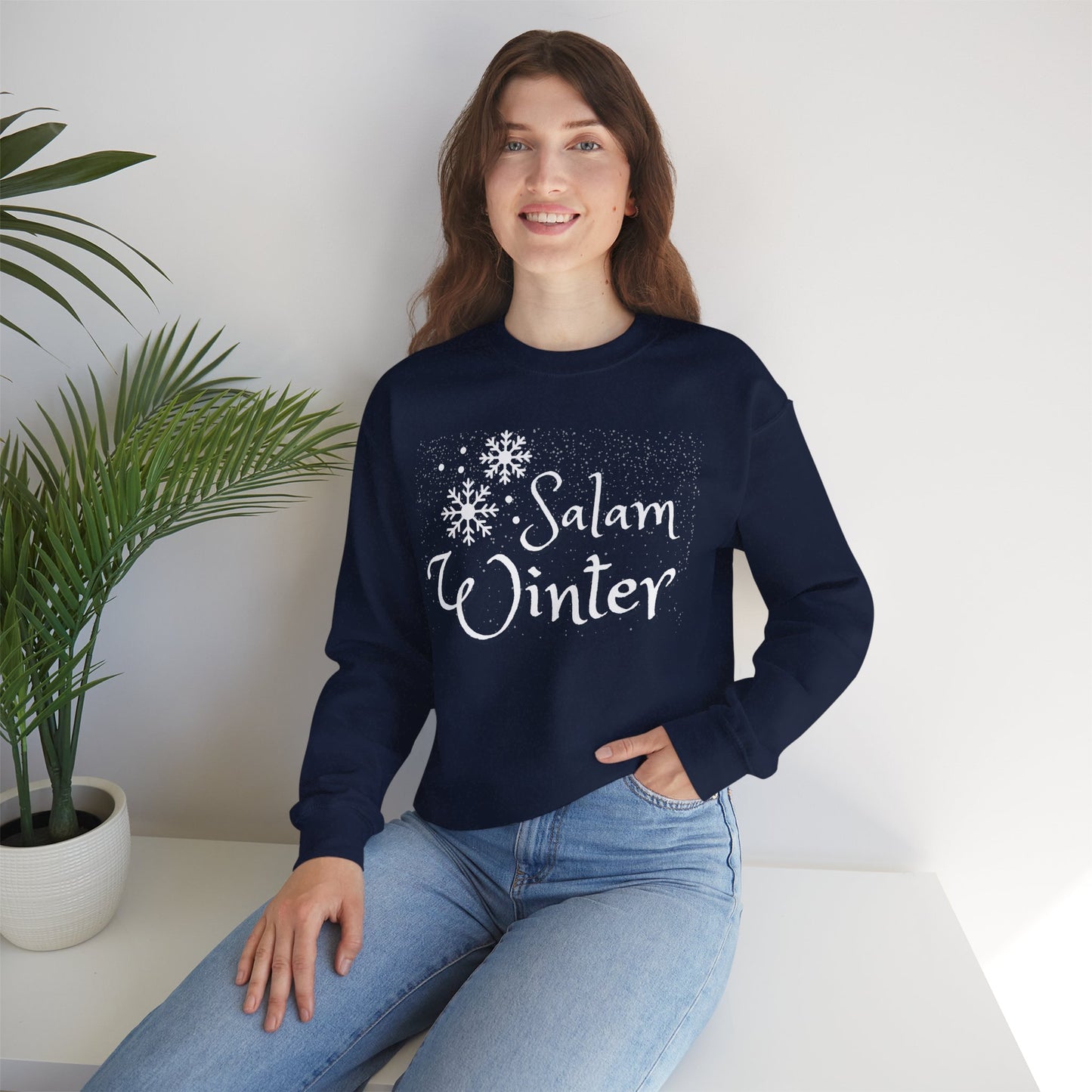 Salam Winter Typographic Sweatshirt - Cozy Soft Cotton Unisex Snowflake Graphic Sweatshirt