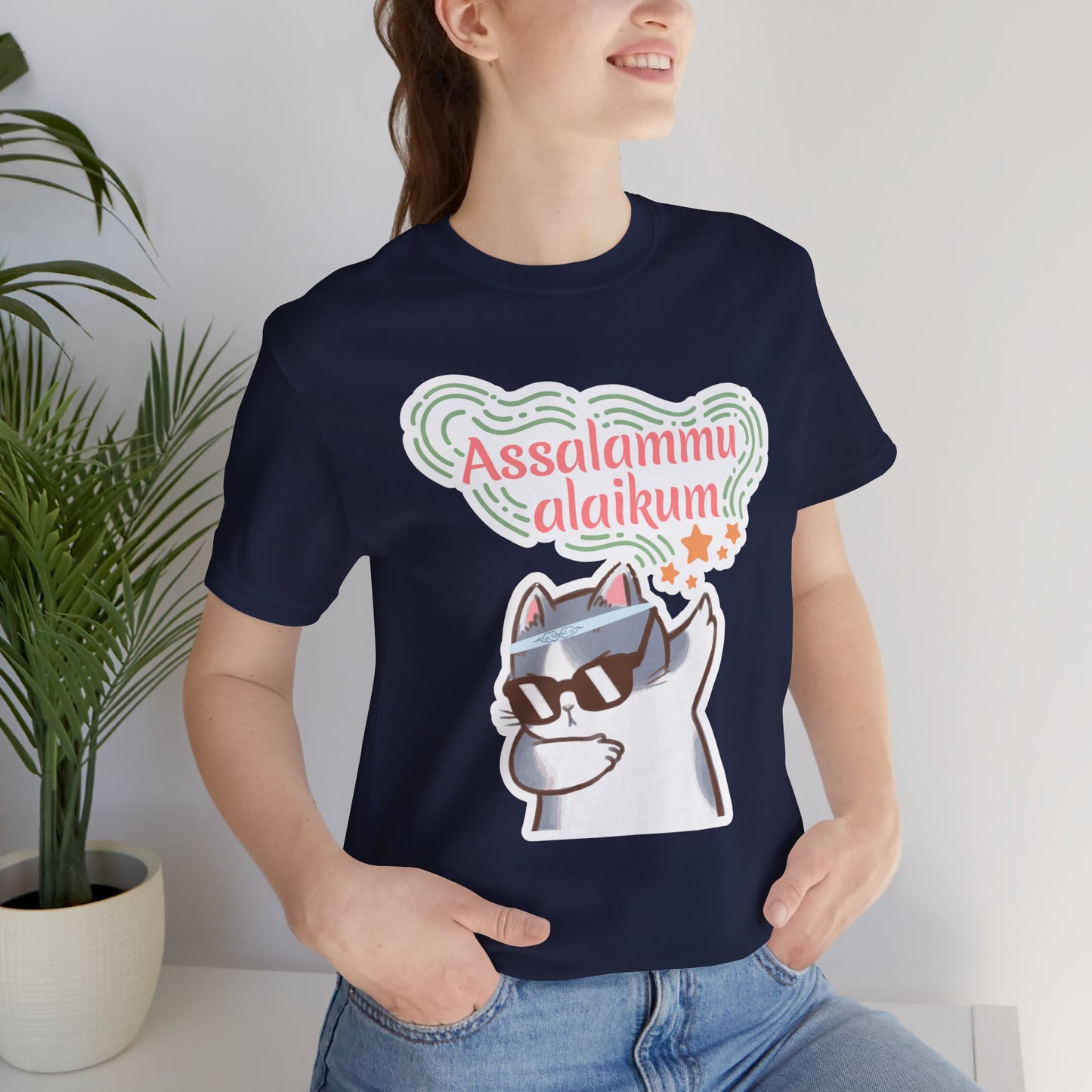 Assalamualaikum Typographic Tee T-Shirt - Cat Sunglasses Graphic Cozy Soft Cotton Unisex Tee
