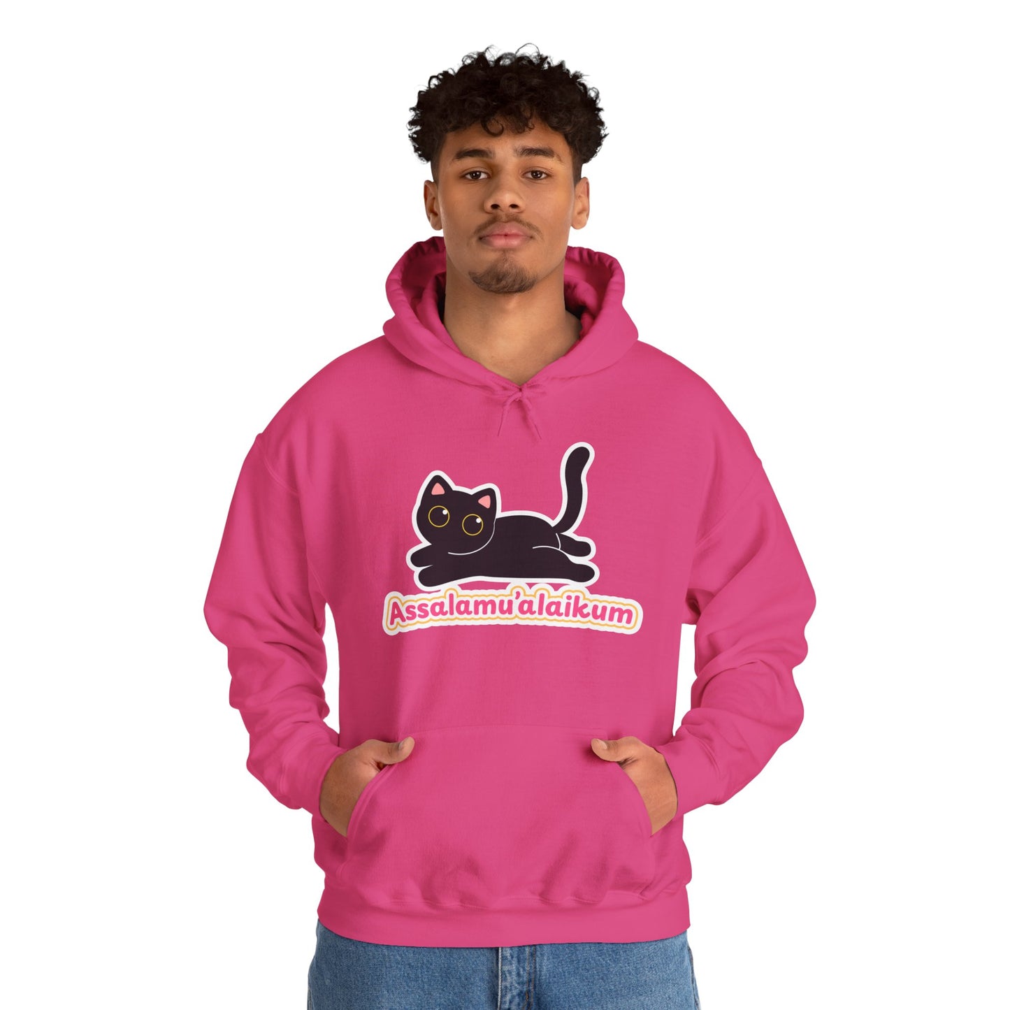 Assalamualaikum Typographic Hoodie - Cute Black Cat Graphic Cozy Soft Cotton Unisex Hoodie