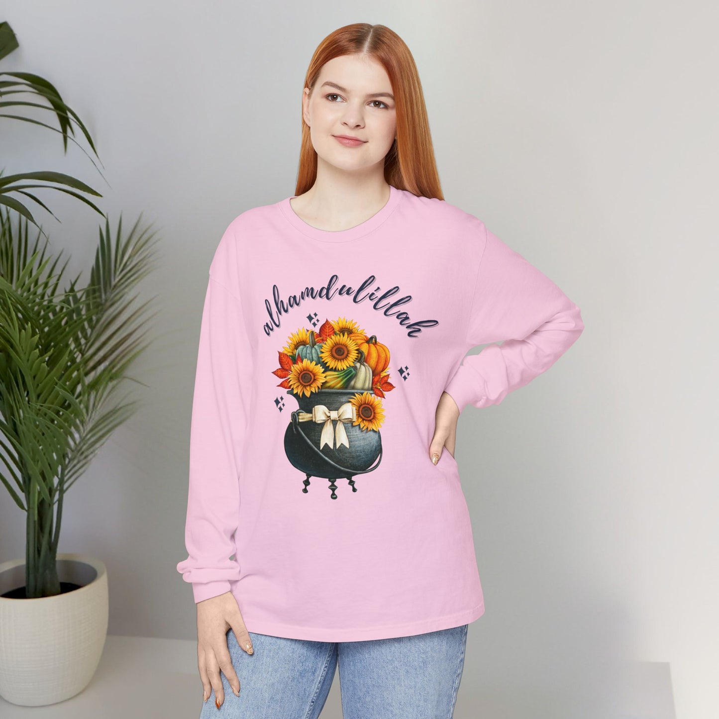 Alhamdulillah Classic Pot Floral Gratitude Graphic Long-Sleeve T-Shirt - Alhamdulillah Typography Islamic Unisex Tee