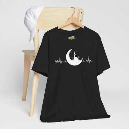 Moonlit Heartbeat Crescent Mosque Graphic Tee T-Shirt - Cozy Soft Cotton Graphic Unisex Tee
