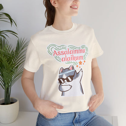 Assalamualaikum Typographic Tee T-Shirt - Cat Sunglasses Graphic Cozy Soft Cotton Unisex Tee