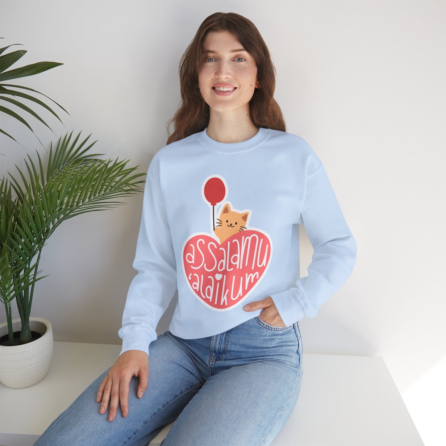 Assalamualaikum Typographic Sweatshirt - Cute Cat Heart Balloon Graphic Cozy Soft Cotton Unisex Sweatshirt