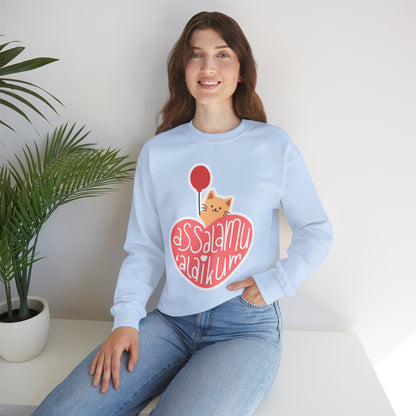 Assalamualaikum Typographic Sweatshirt - Cute Cat Heart Balloon Graphic Cozy Soft Cotton Unisex Sweatshirt