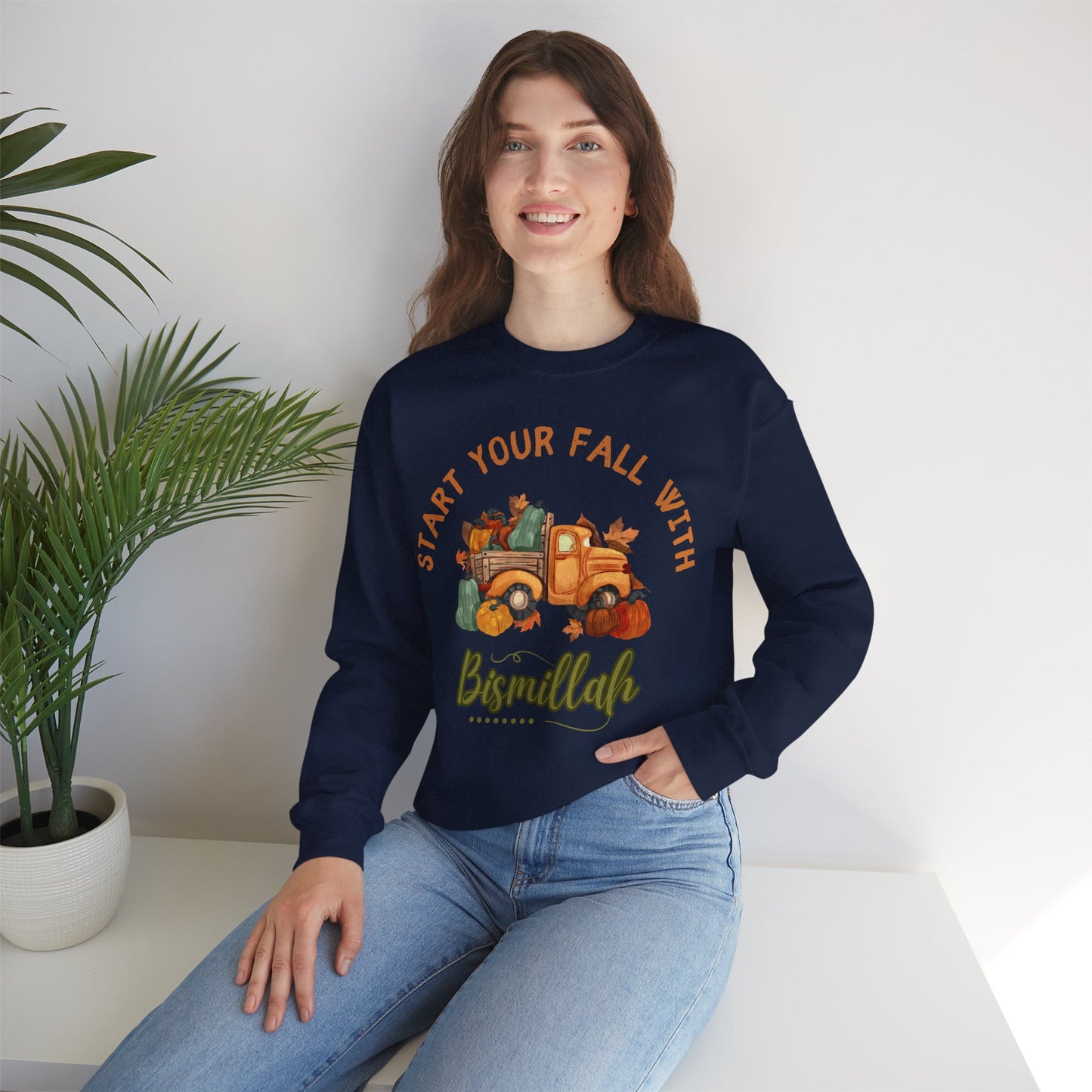 Start Your Fall with Bismillah Graphic Sweatshirt - Cozy Autumn Cute Truck Pumpkin Graphic Unisex Sweatshirt