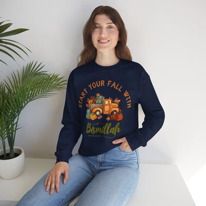 Start Your Fall with Bismillah Graphic Sweatshirt - Cozy Autumn Cute Truck Pumpkin Graphic Unisex Sweatshirt