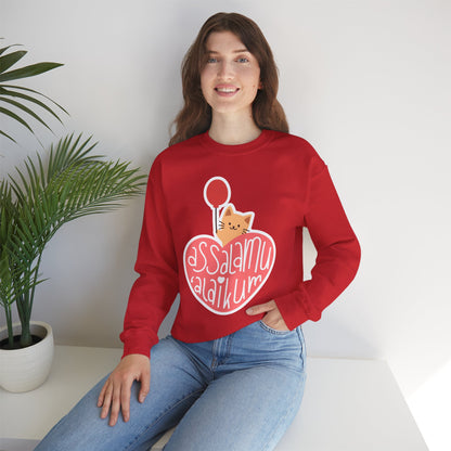 Assalamualaikum Typographic Sweatshirt - Cute Cat Heart Balloon Graphic Cozy Soft Cotton Unisex Sweatshirt