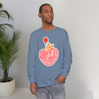 Assalamualaikum Typographic Long Sleeve Tee T-Shirt - Cute Cat Heart Balloon Graphic Cozy Soft Cotton Unisex Long Sleeve Tee