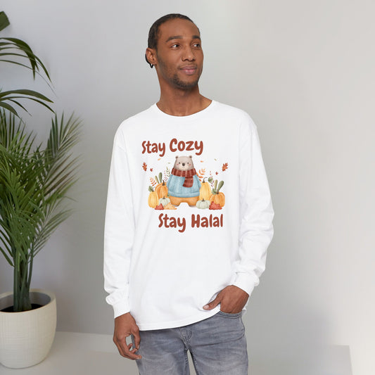 Stay Cozy Stay Halal Graphic Long-Sleeve Tee T-Shirt - Soft Cozy Cute Bear Pumpkin Graphic Unisex Long-Sleeve Tee