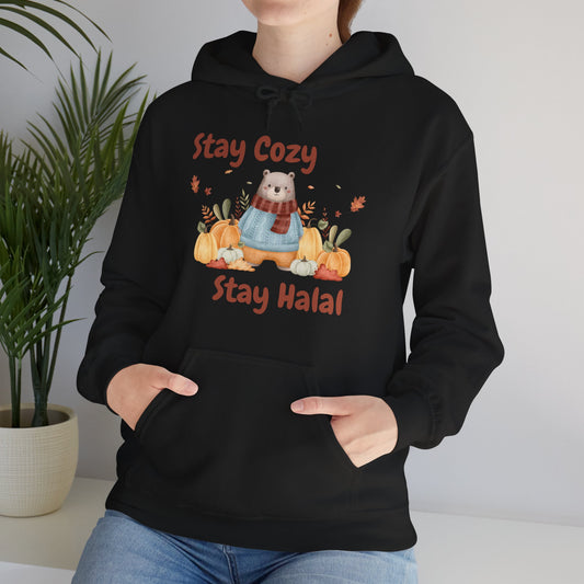 Stay Cozy Stay Halal Graphic Hoodie - Soft Cozy Cute Bear Pumpkin Graphic Unisex Hoodie