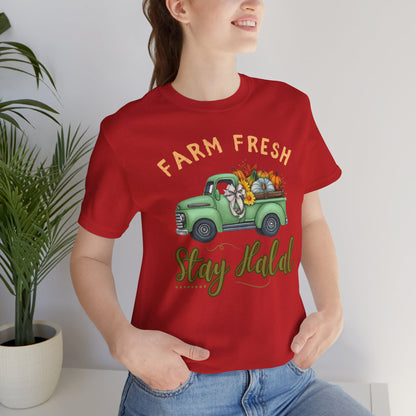 Farm Fresh Stay Halal Graphic Tee T-Shirt - Soft Cozy Cute Pumpkin Truck Graphic Unisex Tee