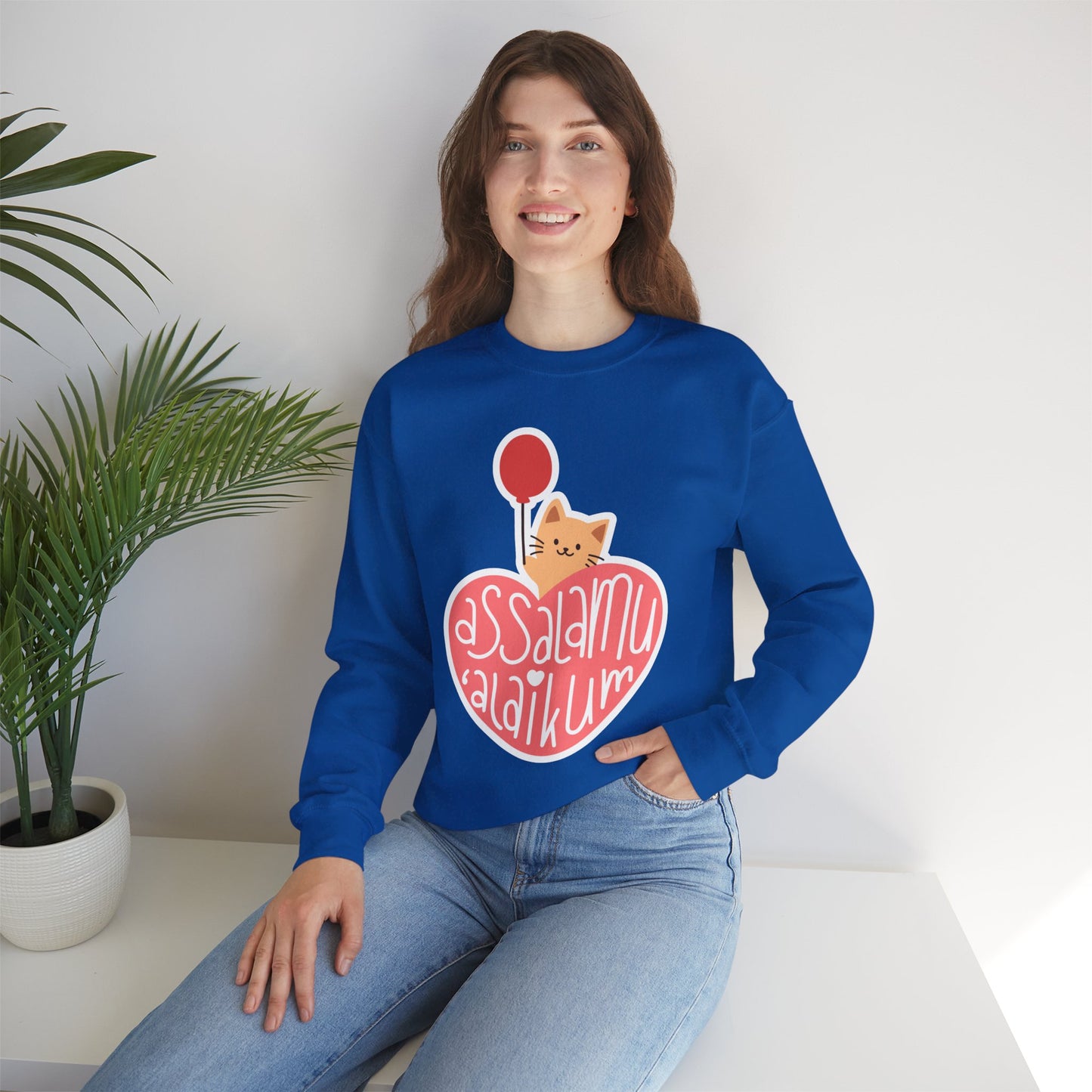 Assalamualaikum Typographic Sweatshirt - Cute Cat Heart Balloon Graphic Cozy Soft Cotton Unisex Sweatshirt