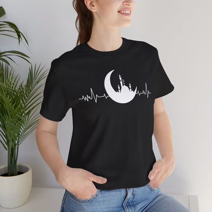 Moonlit Heartbeat Crescent Mosque Graphic Tee T-Shirt - Cozy Soft Cotton Graphic Unisex Tee