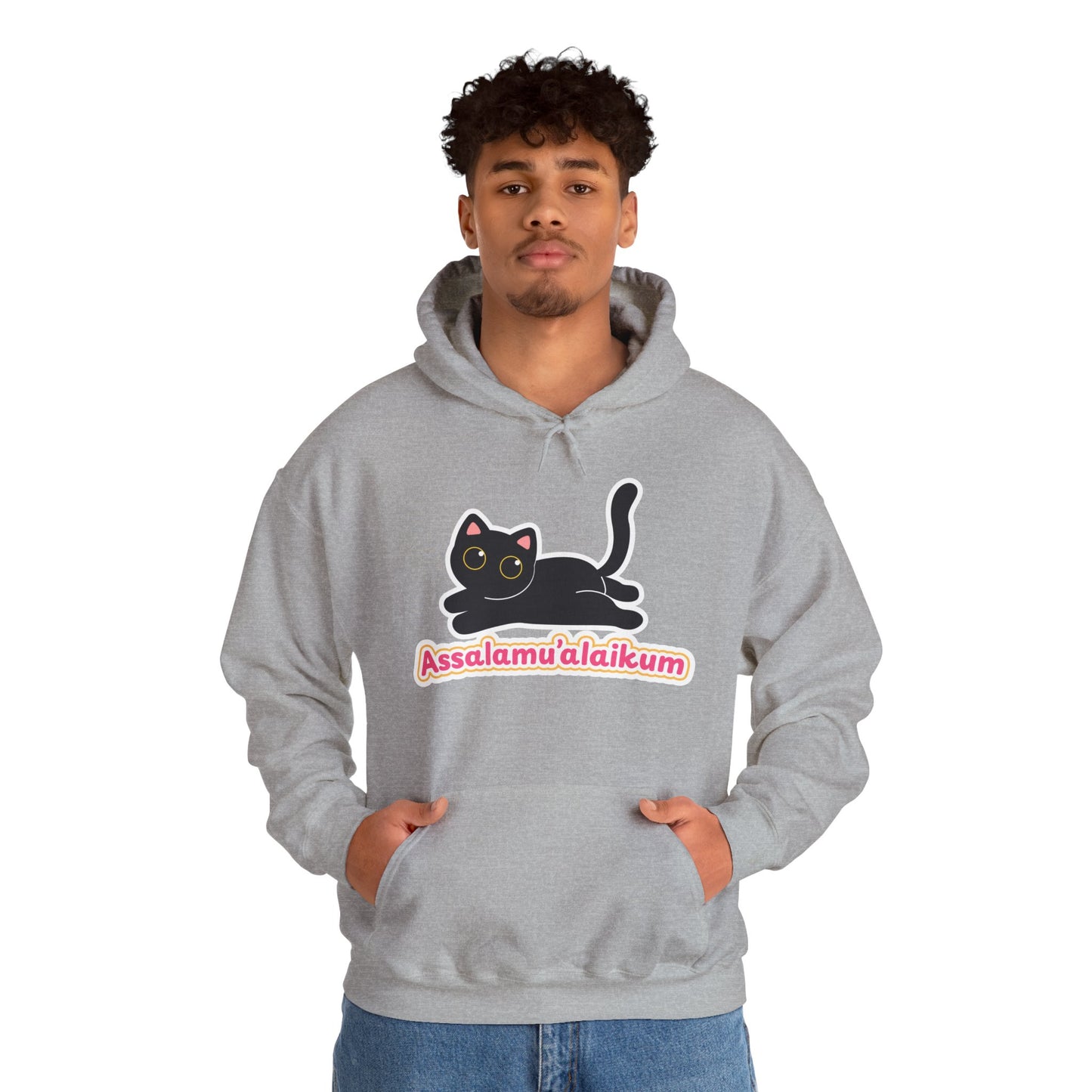 Assalamualaikum Typographic Hoodie - Cute Black Cat Graphic Cozy Soft Cotton Unisex Hoodie