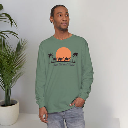 Allah Is The Best Planner Typographic Long Sleeve Tee T-Shirt - Camel Travel in Desert Cozy Soft Cotton Unisex Long Sleeve Tee