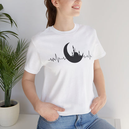 Moonlit Heartbeat Crescent Mosque Graphic Tee T-Shirt - Cozy Soft Cotton Graphic Unisex Tee