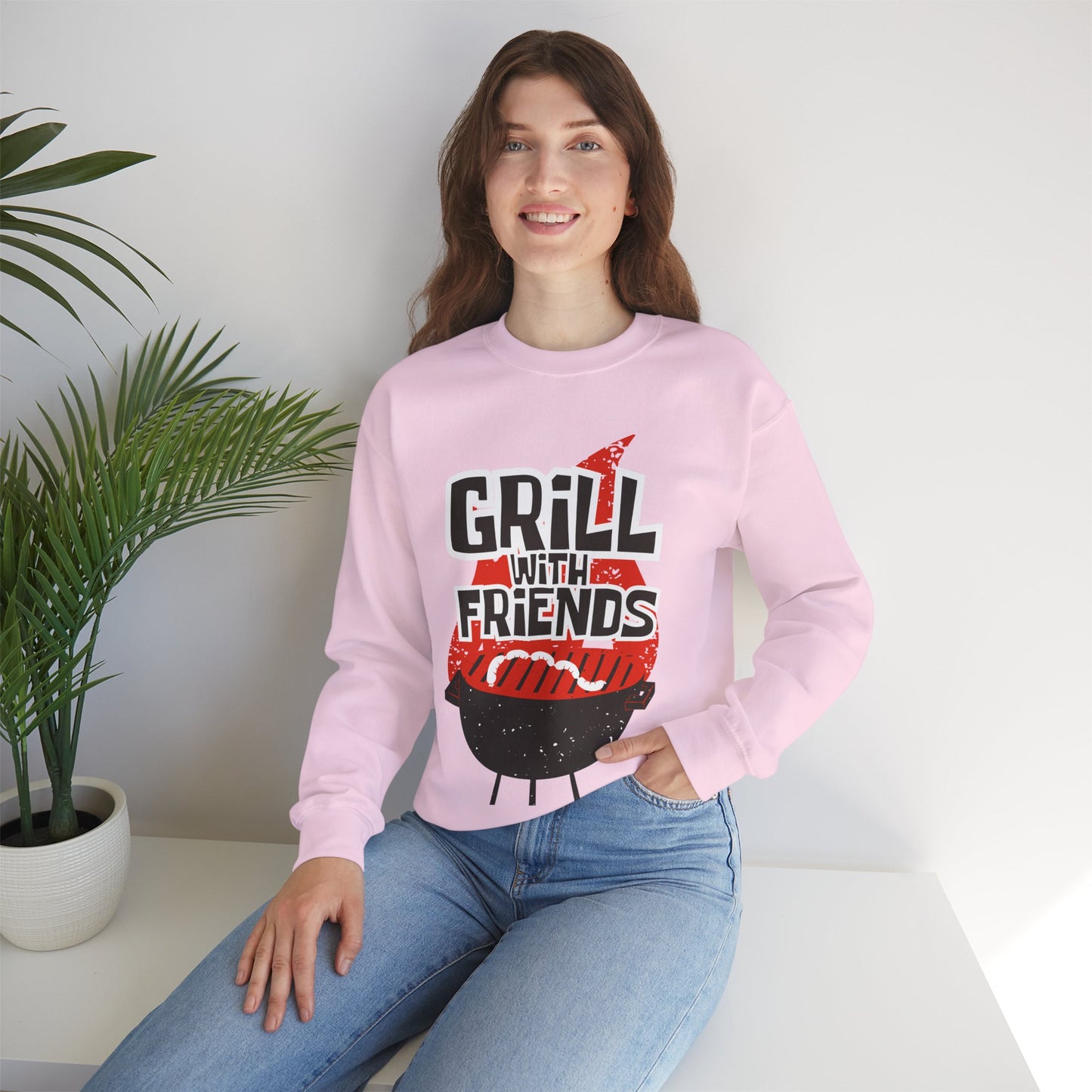 Grill with Friends Typographic Sweatshirt - Cozy Soft Cotton Unisex Sausage Graphic Sweatshirt