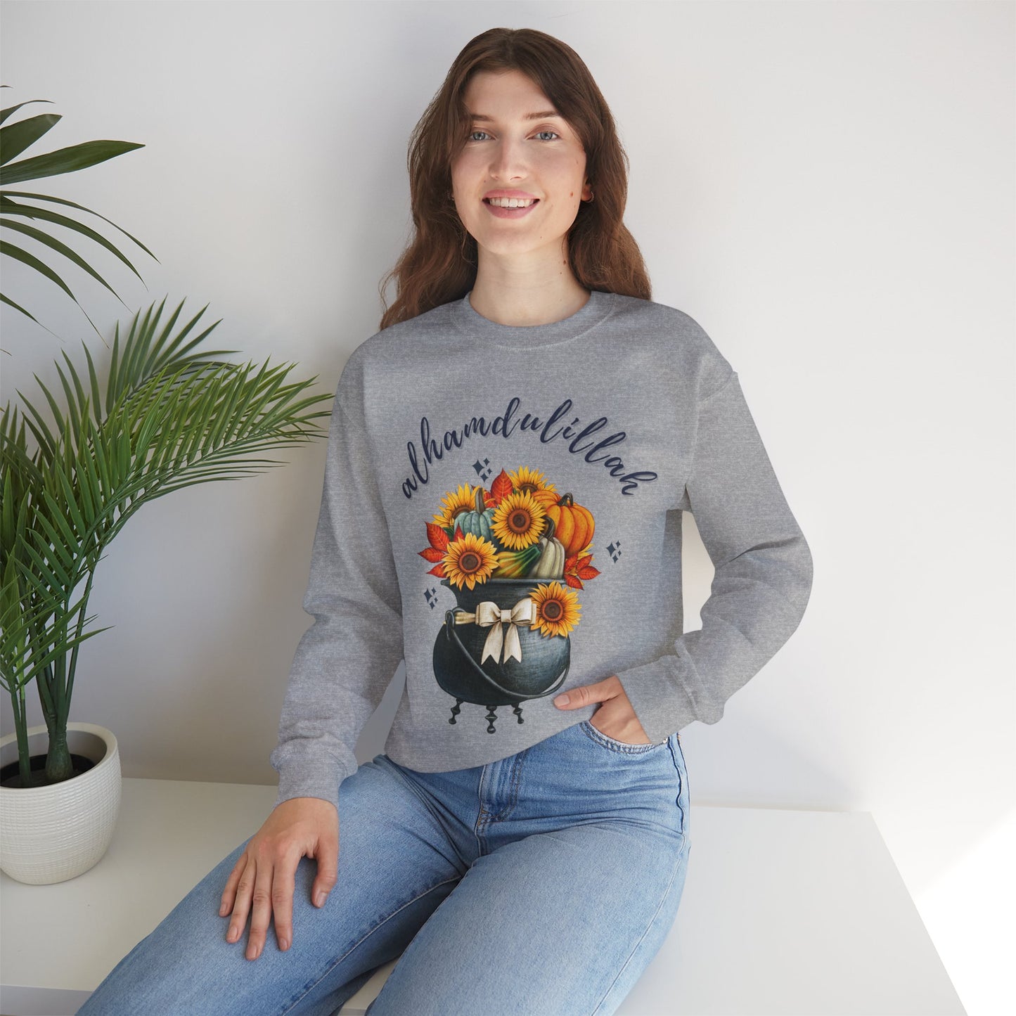 Alhamdulillah Classic Pot Floral Gratitude Graphic Sweatshirt - Alhamdulillah Typography Islamic Unisex Sweatshirt