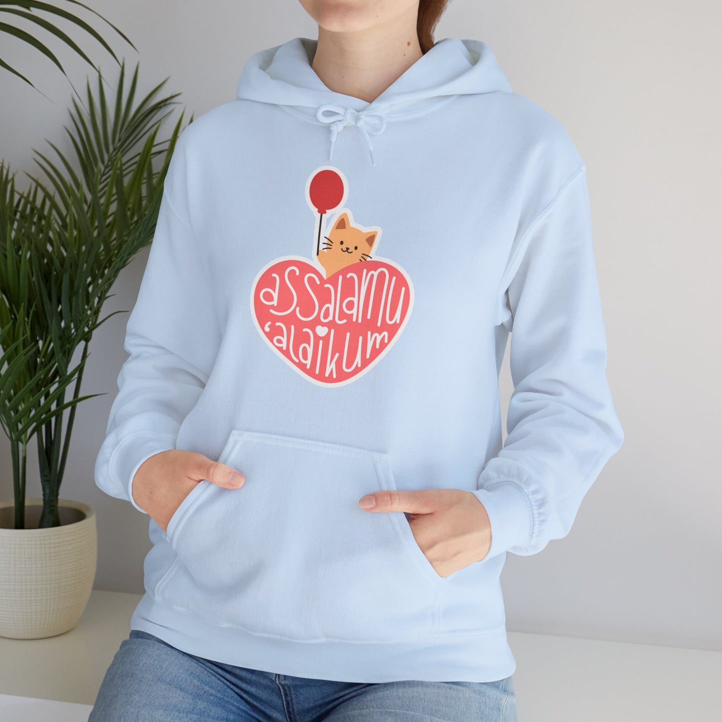 Assalamualaikum Typographic Hoodie - Cute Cat Heart Balloon Graphic Cozy Soft Cotton Unisex Hoodie