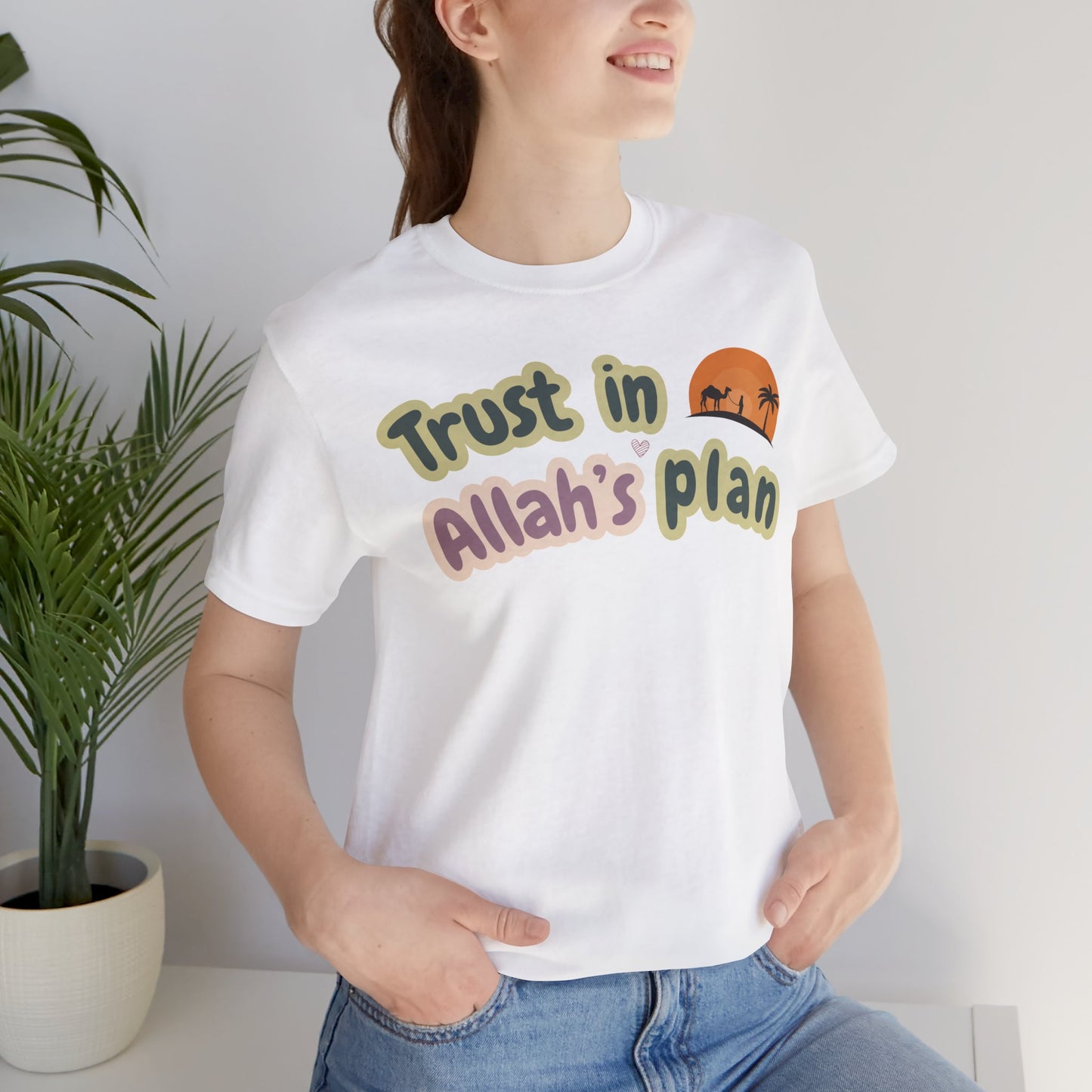Trust in Allah's Plan Typographic Tee T-Shirt - Camel Travel in Desert Cozy Soft Cotton Unisex Tee