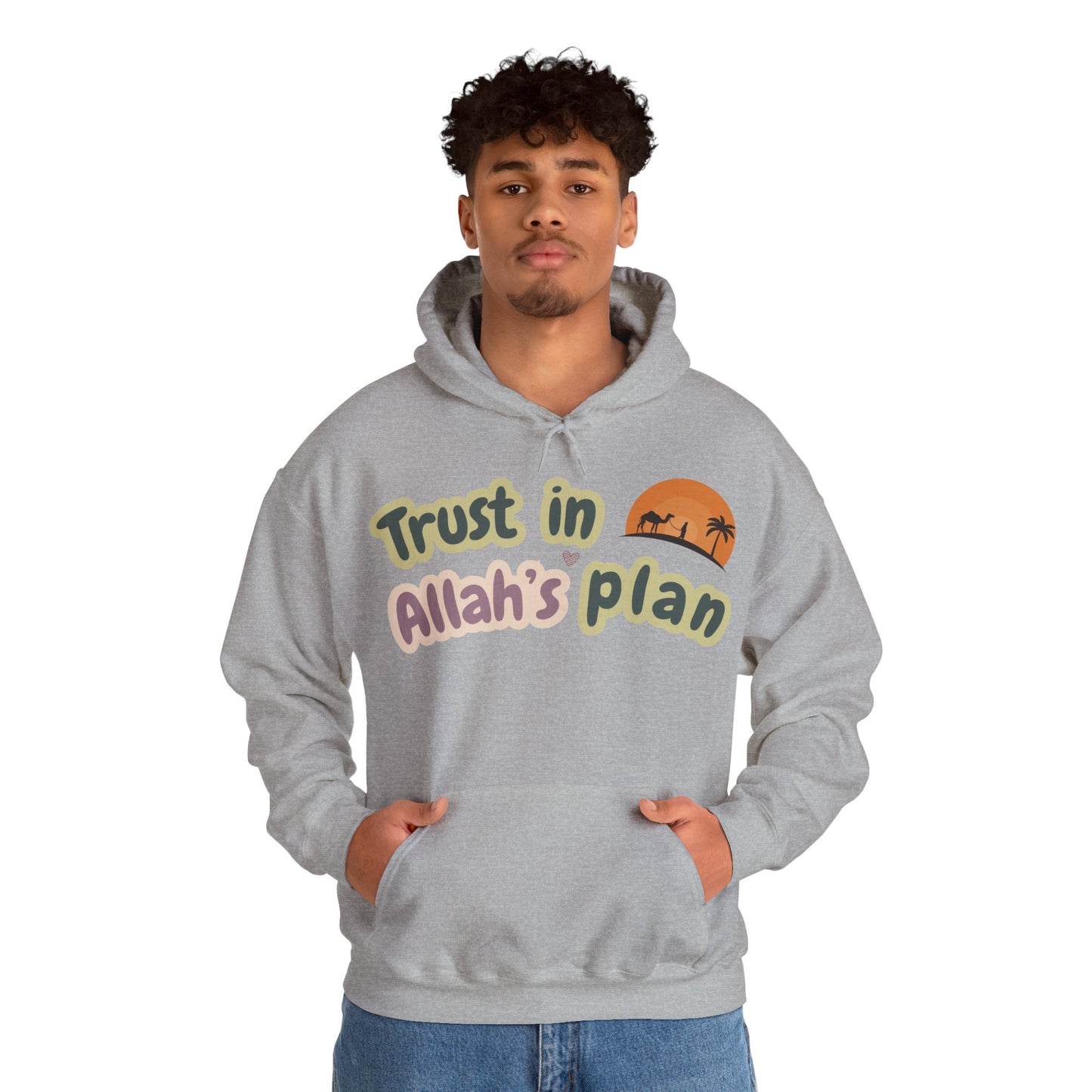 Trust in Allah's Plan Typographic Hoodie - Camel Travel in Desert Cozy Soft Cotton Unisex Hoodie