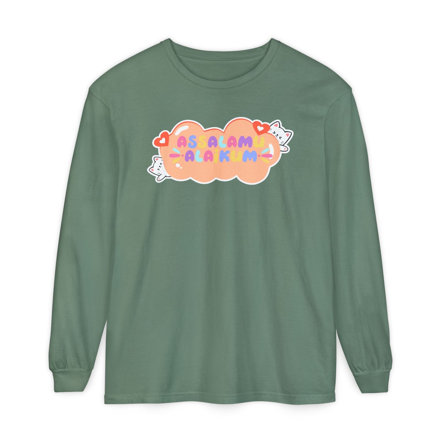 Assalamualaikum Typographic Long Sleeve Tee T-Shirt - Cute Cat Lover Graphic Cozy Soft Cotton Unisex Long Sleeve Tee