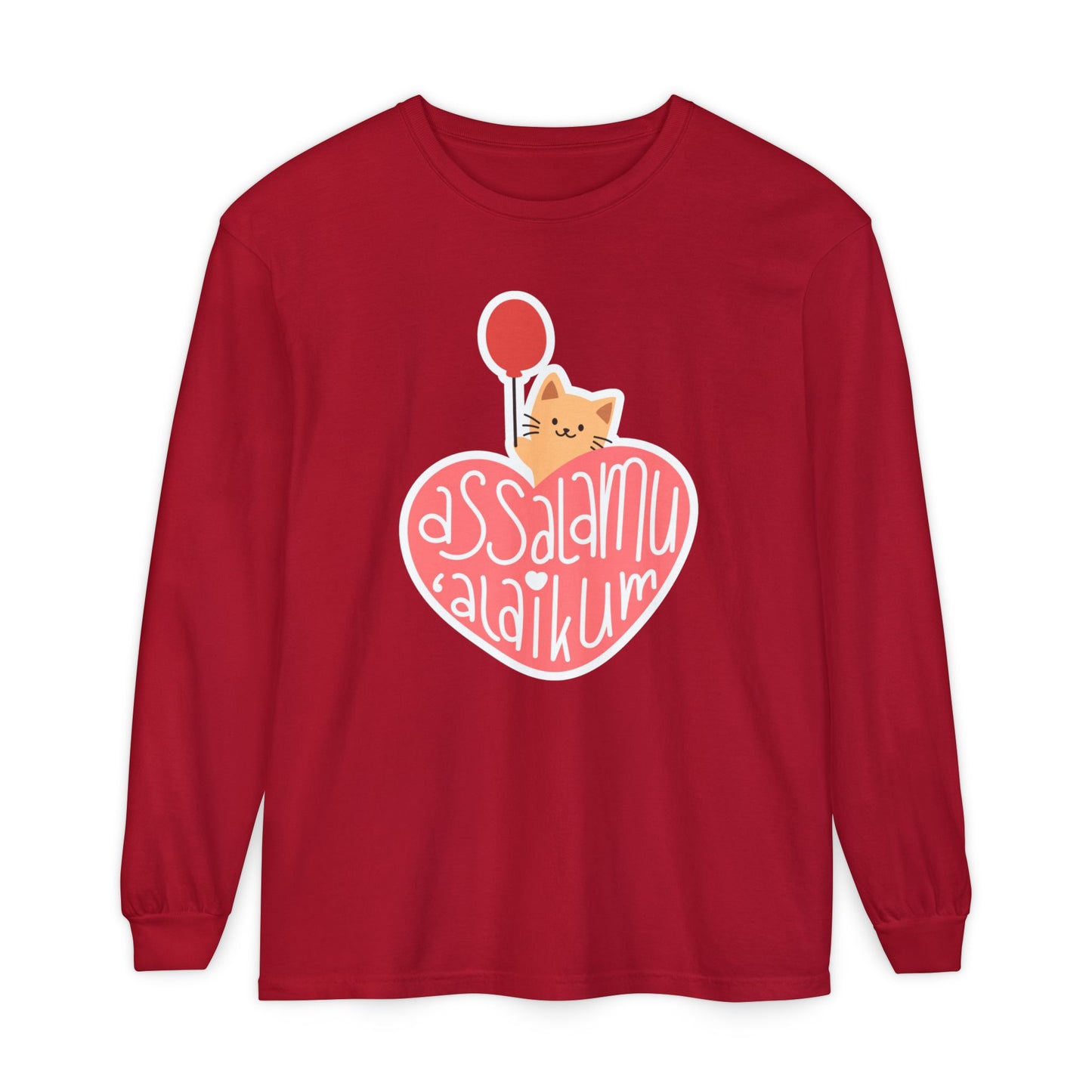Assalamualaikum Typographic Long Sleeve Tee T-Shirt - Cute Cat Heart Balloon Graphic Cozy Soft Cotton Unisex Long Sleeve Tee