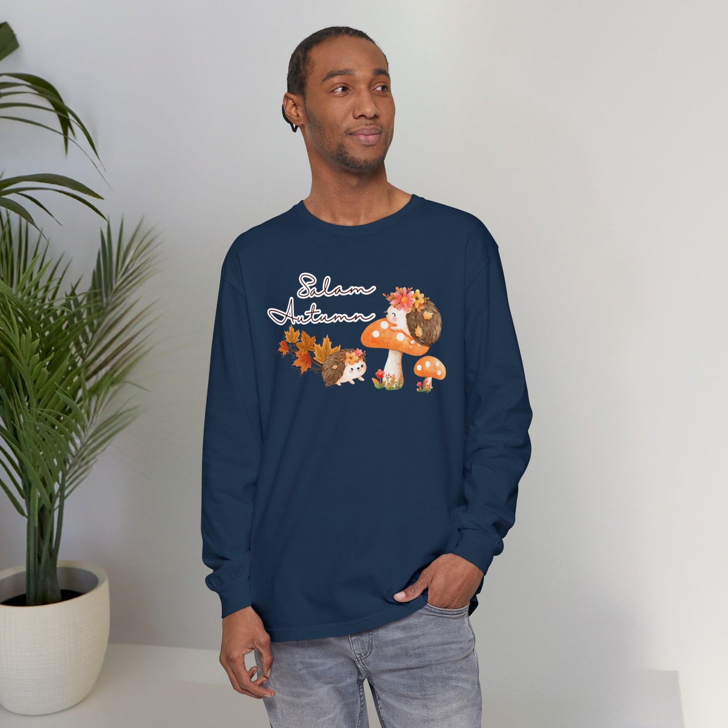Salam Autumn Cute Hedgehog Mushroom Graphic Long-Sleeve Tee T-Shirt - Cozy Autumn Cute Hedgehog Mushroom Graphic Unisex Long-Sleeve Tee
