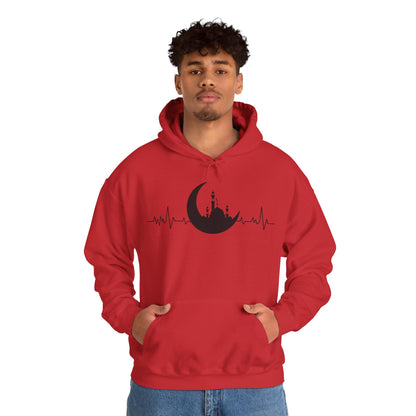 Moonlit Heartbeat Crescent Mosque Graphic Hoodie - Cozy Soft Cotton Graphic Unisex Hoodie