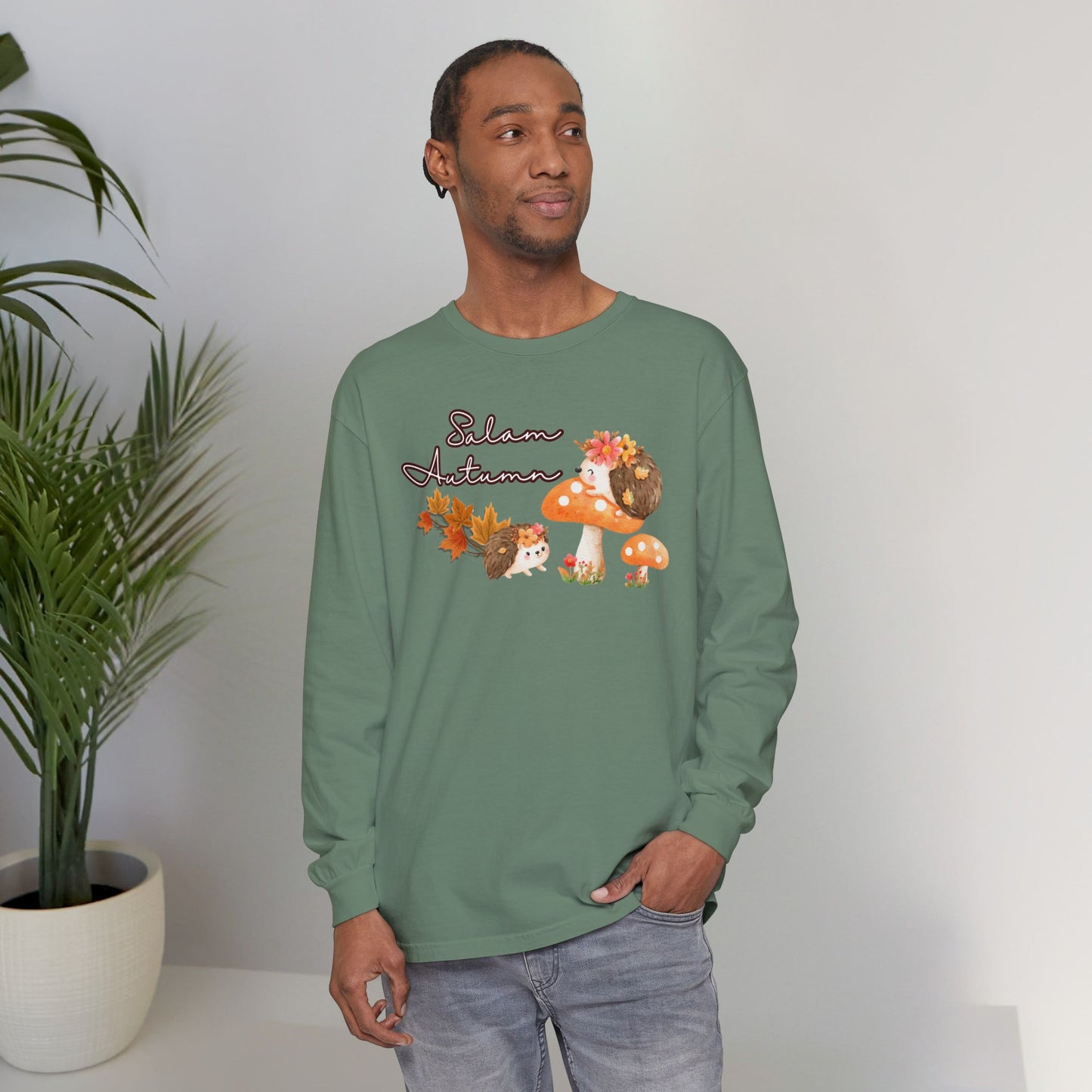 Salam Autumn Cute Hedgehog Mushroom Graphic Long-Sleeve Tee T-Shirt - Cozy Autumn Cute Hedgehog Mushroom Graphic Unisex Long-Sleeve Tee