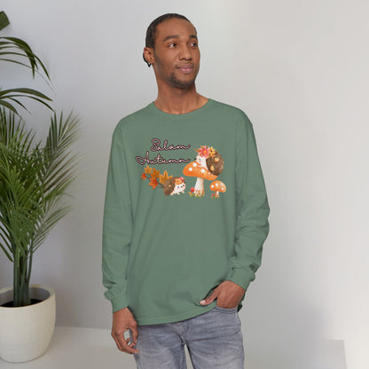 Salam Autumn Cute Hedgehog Mushroom Graphic Long-Sleeve Tee T-Shirt - Cozy Autumn Cute Hedgehog Mushroom Graphic Unisex Long-Sleeve Tee