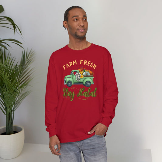 Farm Fresh Stay Halal Graphic Long-Sleeve Tee T-Shirt - Soft Cozy Cute Pumpkin Truck Graphic Unisex Long-Sleeve Tee