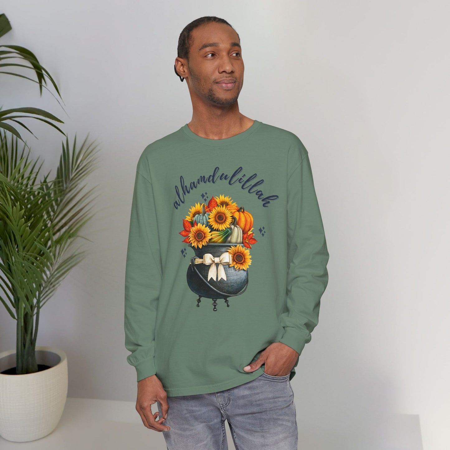 Alhamdulillah Classic Pot Floral Gratitude Graphic Long-Sleeve T-Shirt - Alhamdulillah Typography Islamic Unisex Tee