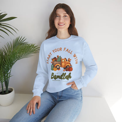 Start Your Fall with Bismillah Graphic Sweatshirt - Cozy Autumn Cute Truck Pumpkin Graphic Unisex Sweatshirt