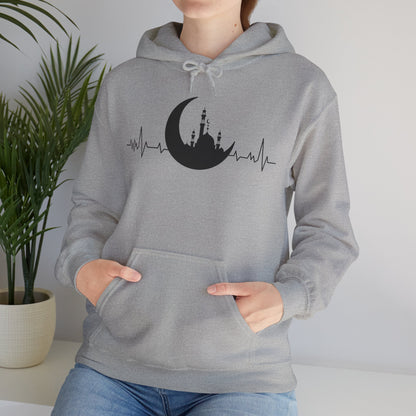 Moonlit Heartbeat Crescent Mosque Graphic Hoodie - Cozy Soft Cotton Graphic Unisex Hoodie