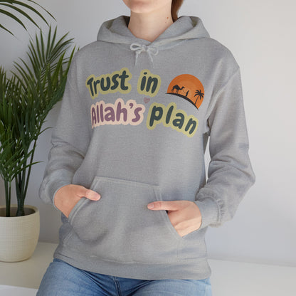 Trust in Allah's Plan Typographic Hoodie - Camel Travel in Desert Cozy Soft Cotton Unisex Hoodie