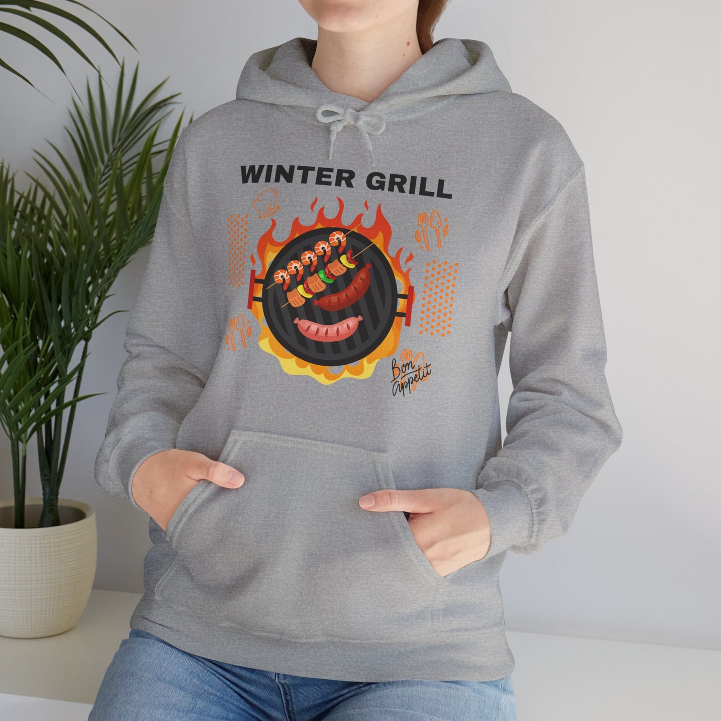 Winter Grill Typographic Hoodie - Cozy Soft Cotton Unisex Sausage Graphic Hoodie