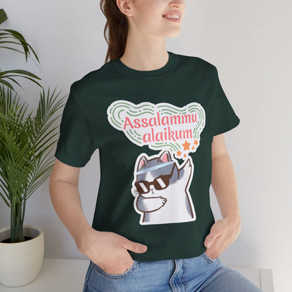Assalamualaikum Typographic Tee T-Shirt - Cat Sunglasses Graphic Cozy Soft Cotton Unisex Tee