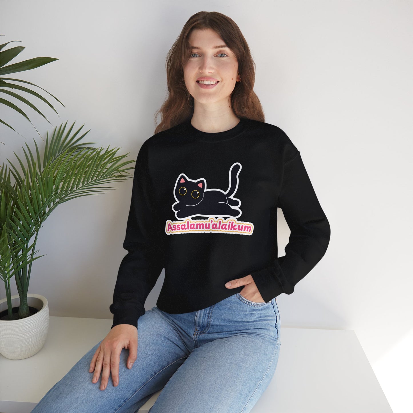 Assalamualaikum Typographic Sweatshirt - Cute Black Cat Graphic Cozy Soft Cotton Unisex Sweatshirt