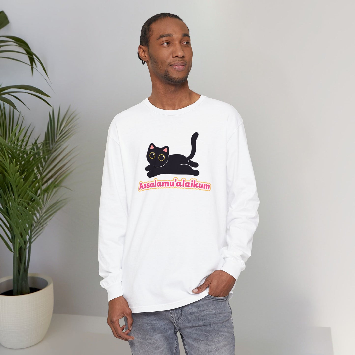 Assalamualaikum Typographic Long Sleeve Tee T-Shirt - Cute Black Cat Graphic Cozy Soft Cotton Unisex Long Sleeve Tee