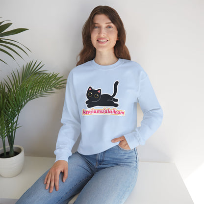 Assalamualaikum Typographic Sweatshirt - Cute Black Cat Graphic Cozy Soft Cotton Unisex Sweatshirt