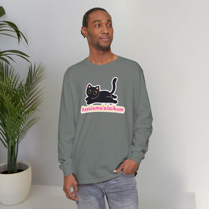 Assalamualaikum Typographic Long Sleeve Tee T-Shirt - Cute Black Cat Graphic Cozy Soft Cotton Unisex Long Sleeve Tee
