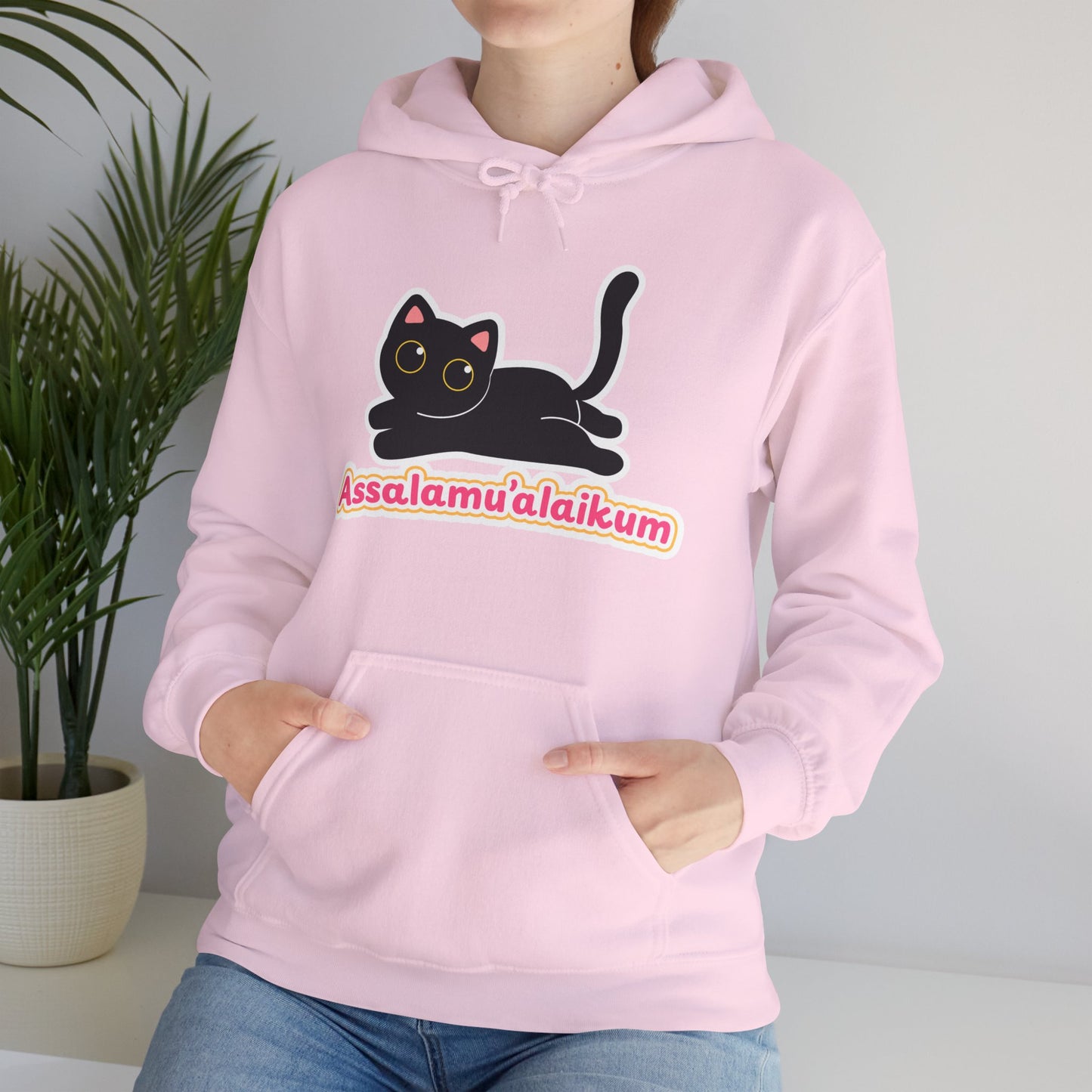 Assalamualaikum Typographic Hoodie - Cute Black Cat Graphic Cozy Soft Cotton Unisex Hoodie