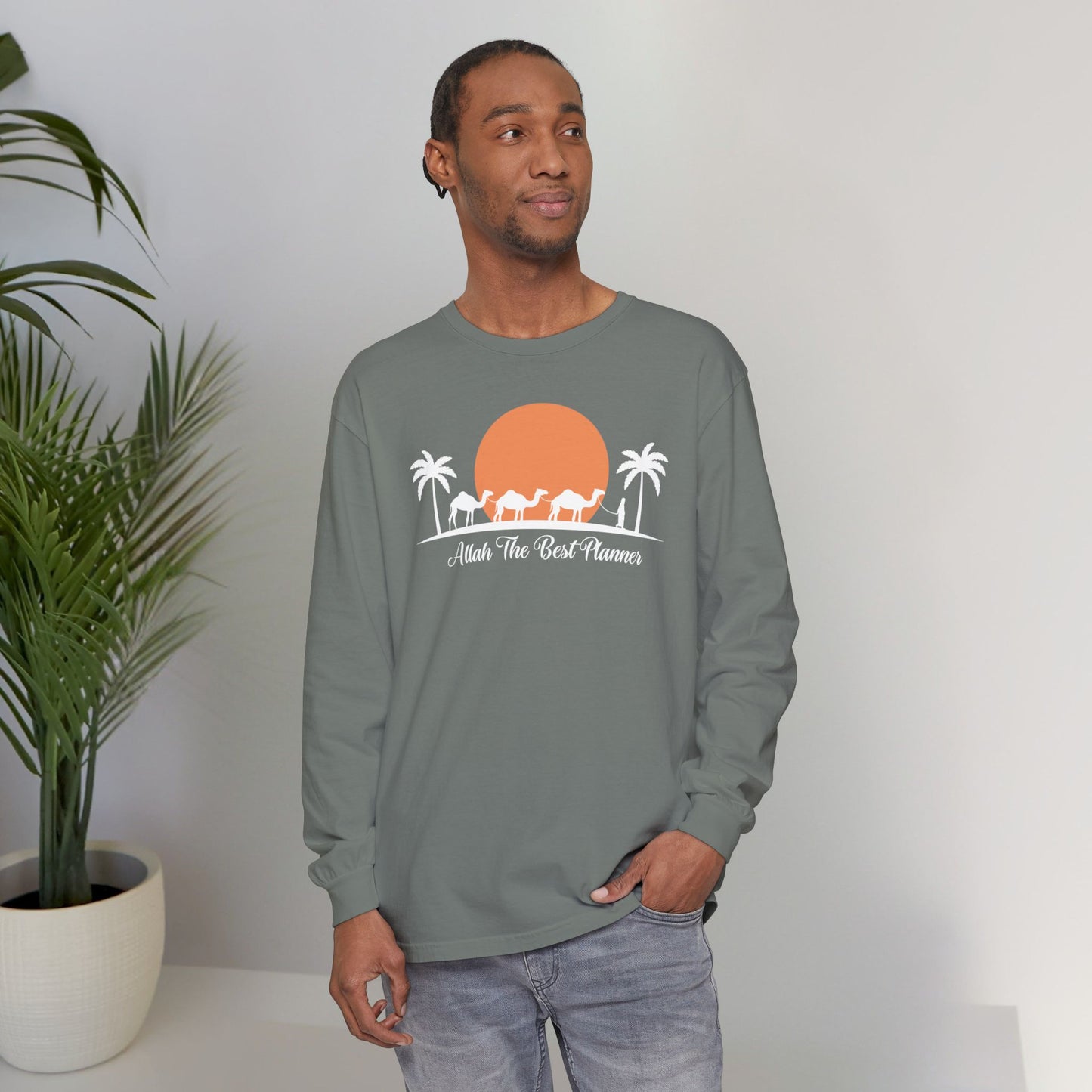 Allah Is The Best Planner Typographic Long Sleeve Tee T-Shirt - Camel Travel in Desert Cozy Soft Cotton Unisex Long Sleeve Tee