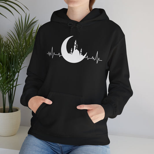 Moonlit Heartbeat Crescent Mosque Graphic Hoodie - Cozy Soft Cotton Graphic Unisex Hoodie